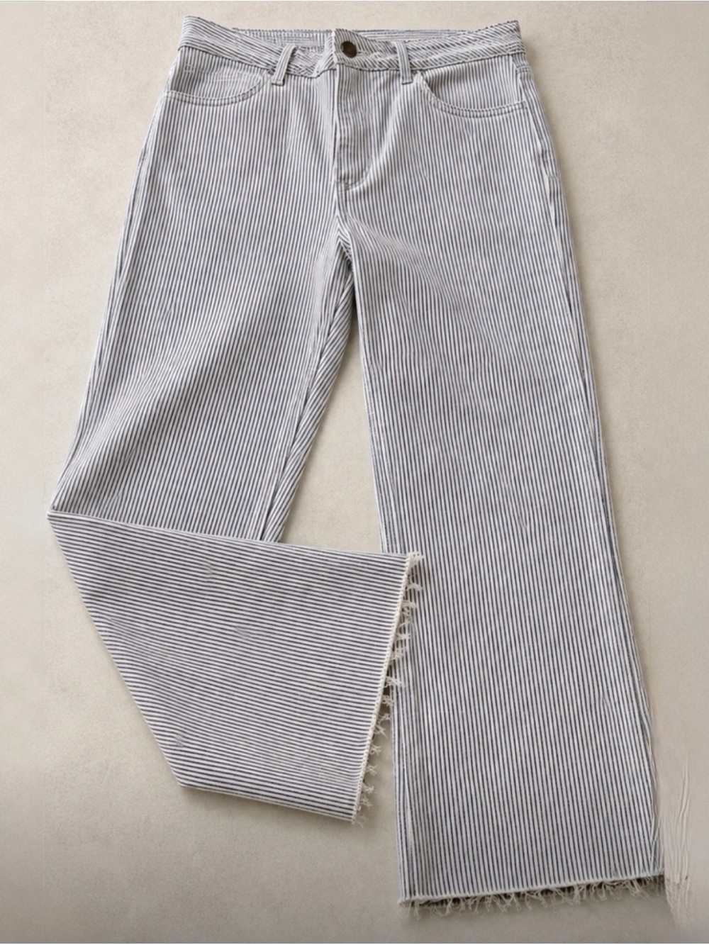 Hartley and Me Pinstripe Crop Flare Jeans Size 30 Raw Hem Navy Pinstripe